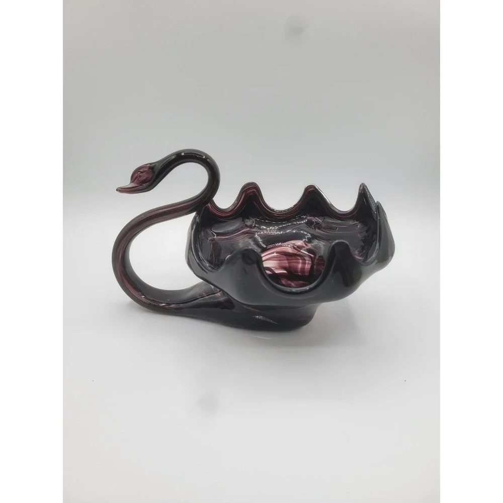 Vintage Amethyst Purple Slag Art Glass Swan Scalloped Ruffled Edge Bowl 9 Inch